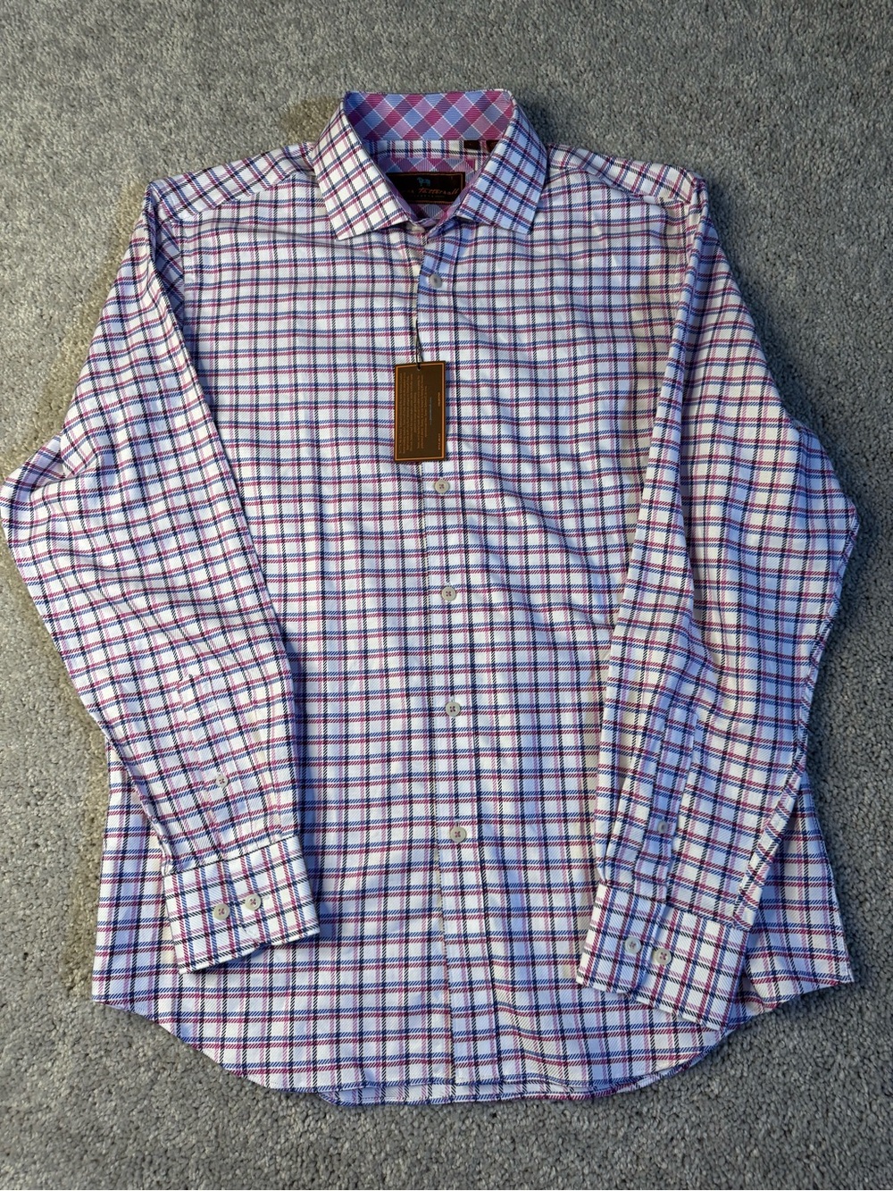 Men's Long-Sleeve Checked Dress Shirt -White/pink/blue